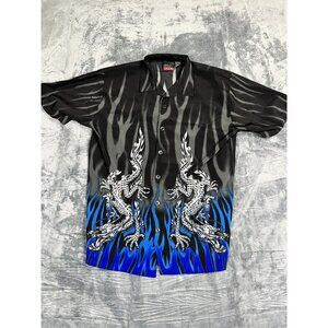 C-Two Mens Dragon Print Button-Up Shirt Black & Blue Flames Large
